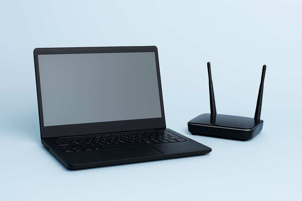 A black laptop and a smartphone on a desk, representing low-cost internet and digital access through Human-I-T programs